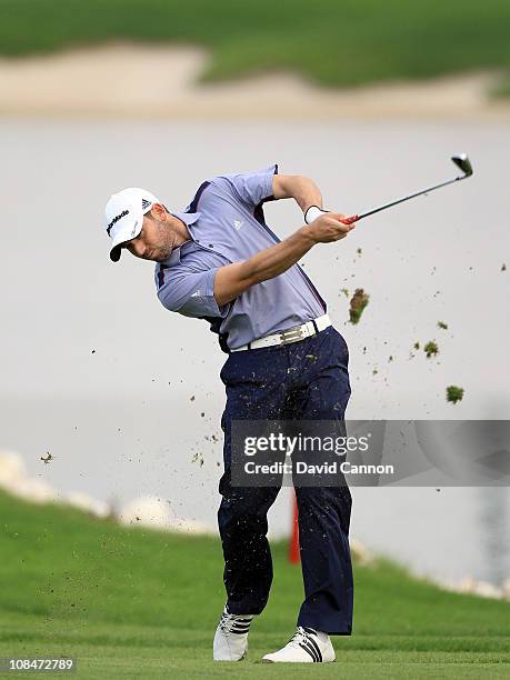 Sergio Garcia of Spain plays his second shot at the 15th hole during the second round of the 2011 Volvo Champions held at the Royal Golf Club on...