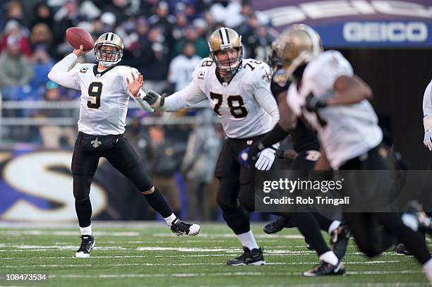 Drew Brees of the New Orleans Saints makes a pass against the Baltimore Ravens on December 19, 2010 at M&T Bank Stadium in Baltimore, Maryland.The...