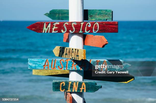 signpost on a beech in cefalu, sicily - travel destinations sign stock pictures, royalty-free photos & images