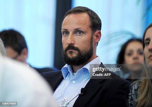 Crown Prince Haakon of Norway attends an "IdeasLab with the Young Global Leaders: Shared Values for Empowering Change" in the congress center at the...