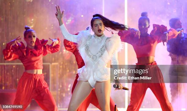 Rosalia performs with dancers onstage during the 19th annual Latin GRAMMY Awards at MGM Grand Garden Arena on November 15, 2018 in Las Vegas, Nevada.