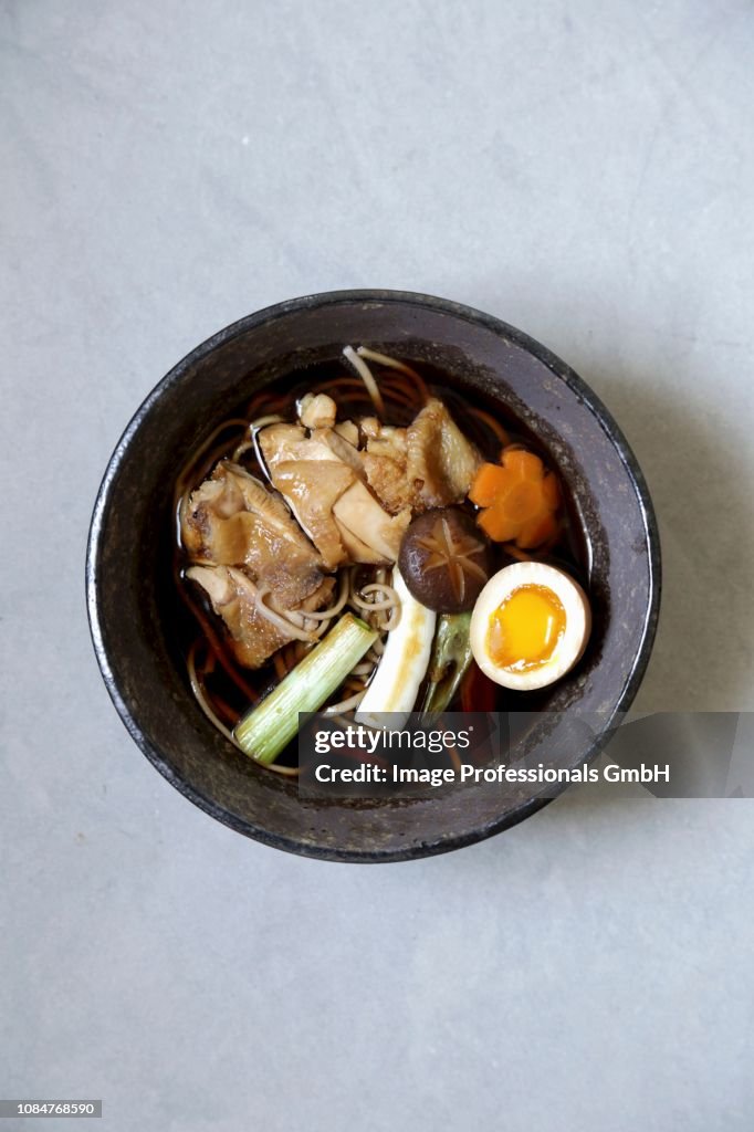 Soba noodle soup with chicken, a soft-boiled egg and spring onions (Japan)