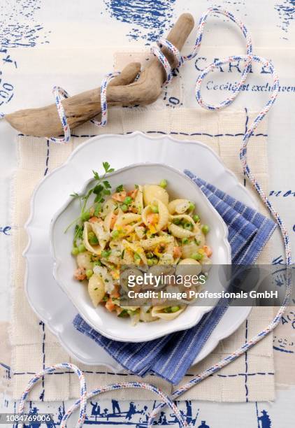 conchiglie alla tartara di pesce (shell pasta with fish tartare, italy) - tartara stock pictures, royalty-free photos & images