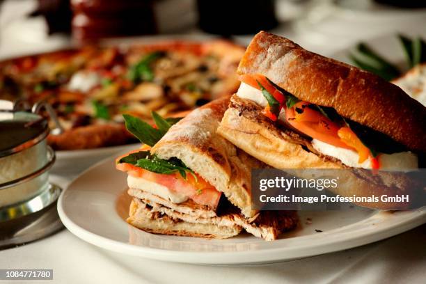 a grilled panini with chicken, tomato and mozzarella - panini maker stock pictures, royalty-free photos & images