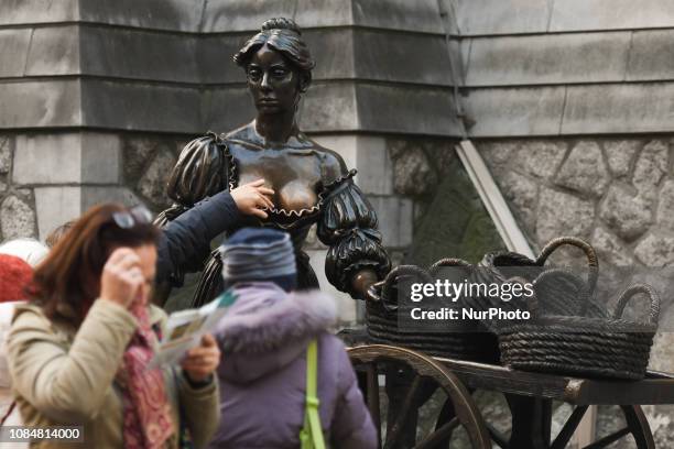 Bronze statue of a fictional fishmonger named Molly Malone, the star of a well-known Irish song, seen in Dublin City Center. On Friday, January 18 in...