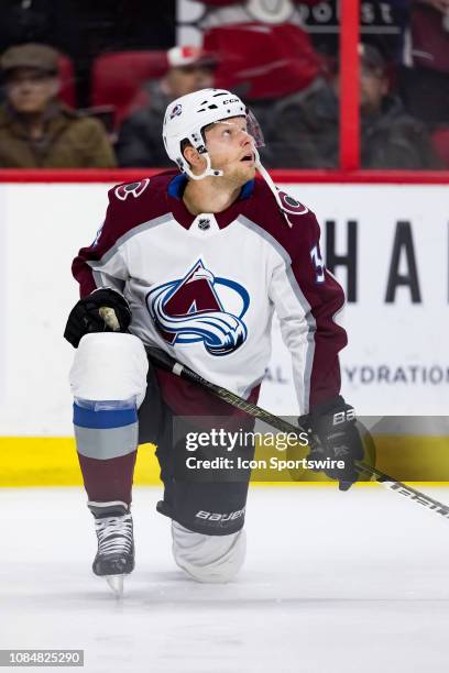 Colorado Avalanche Center Carl Soderberg during warm-up before National Hockey League action between the Colorado Avalanche and Ottawa Senators on...