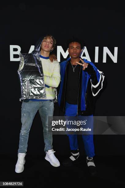 Guest and Kailand Morris attend the Balmain Homme Menswear Fall/Winter 2019-2020 show as part of Paris Fashion Week on January 18, 2019 in Paris,...