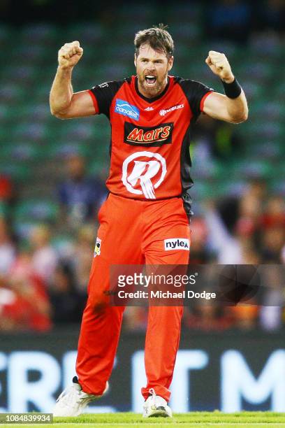 Dan Christian of the Renegades celebrates the wicket of Ashton Agar of the Scorchers during the Big Bash League match between the Melbourne Renegades...