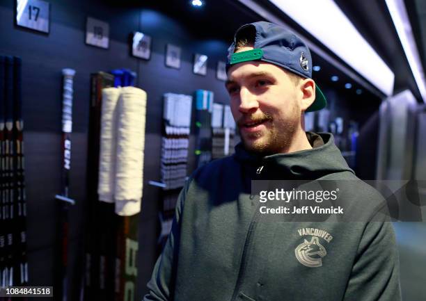 Sven Baertschi of the Vancouver Canucks checks his sticks before their NHL game against the Buffalo Sabres at Rogers Arena January 18, 2019 in...