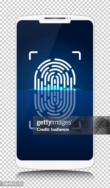 vector smart phone with blue fingerprint scan isolated - flat bed scanner stock illustrations