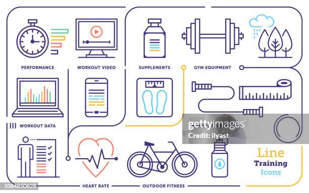 workout training activity line icon set - healthy lifestyle infographic stock illustrations