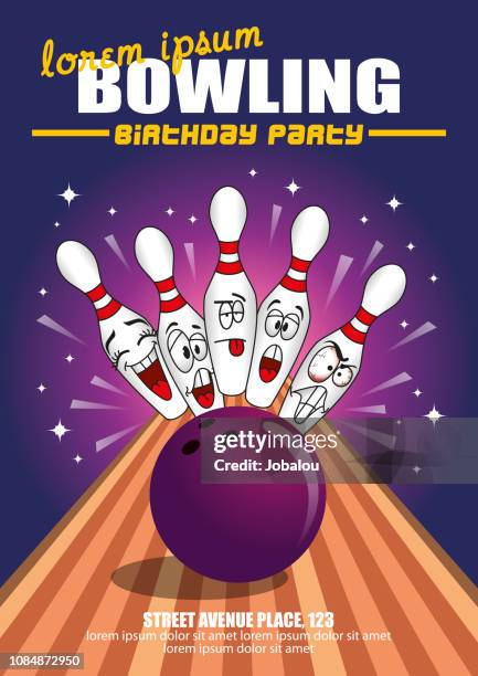 illustrazioni stock, clip art, cartoni animati e icone di tendenza di modello poster invito cartone animato festa di compleanno bowling - ten pin bowling