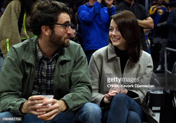 Emma Stone and Dave McCary attend the Golden State Warriors and Los Angeles Clippers basketball game at Staples Center on January 18, 2019 in Los...