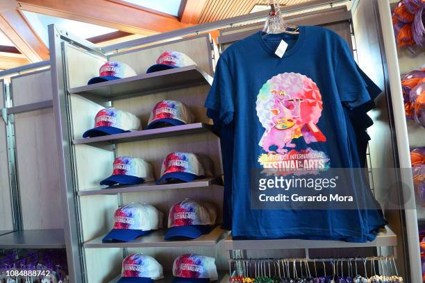 General view of the '2019 Epcot International Festival Of The Arts' merchandise during the opening day at Epcot Center at Walt Disney World on...
