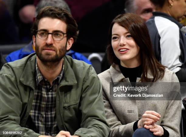 Emma Stone and Dave McCary attend the Golden State Warriors and Los Angeles Clippers basketball game at Staples Center on January 18, 2019 in Los...