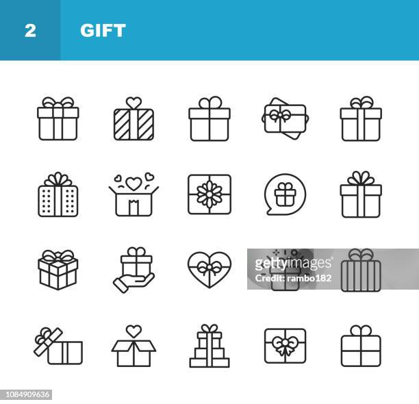 geschenk-linie-icons. editierbare schlaganfall. pixel perfect. für mobile und web. enthält solche symbole als geschenk-box, weihnachtsgeschenk, geburtstagsgeschenk, valentine vorhanden, geben. - geschenkkarton stock-grafiken, -clipart, -cartoons und -symbole