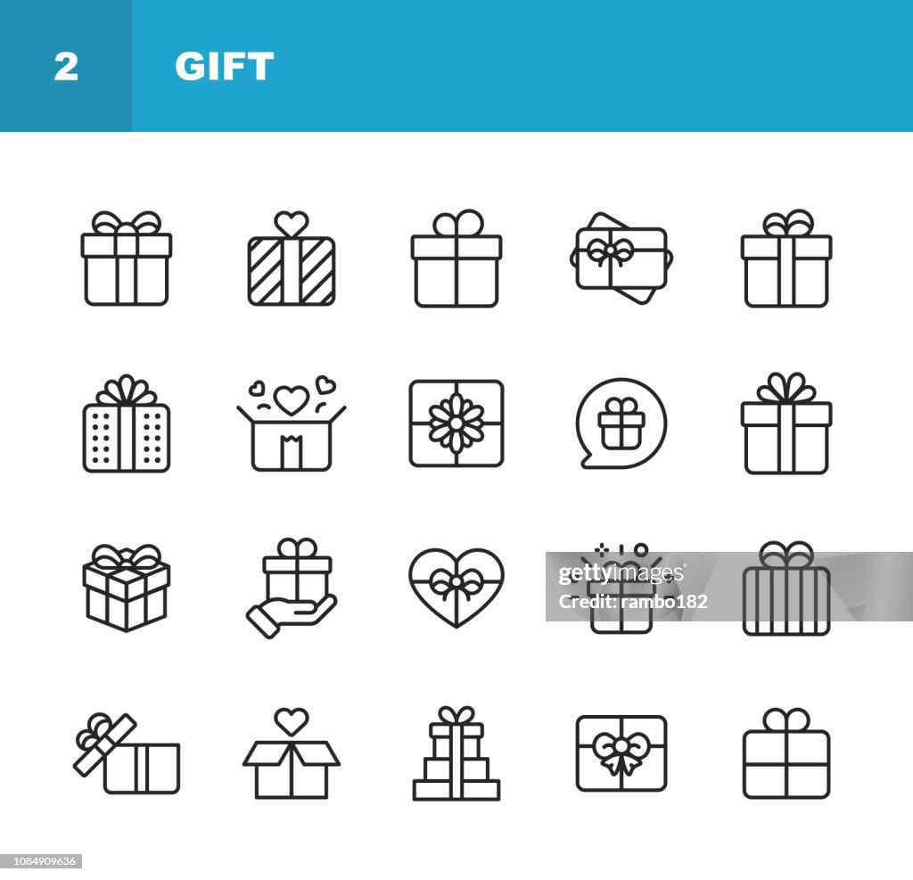 Gift Line Icons. Editable Stroke. Pixel Perfect. For Mobile and Web. Contains such icons as Gift Box, Christmas Present, Birthday Present, Valentine Present, Giving.