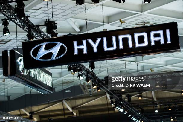 Illustration shows the logo of Hyundai at the #WeAreMobility fair at the 97th edition of the Brussels Motor Show, at Brussels Expo, on Friday 18...