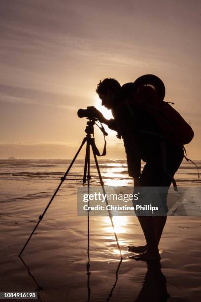 silhouette of a photographer at sunset on a beach - photographer seascape stock pictures, royalty-free photos & images
