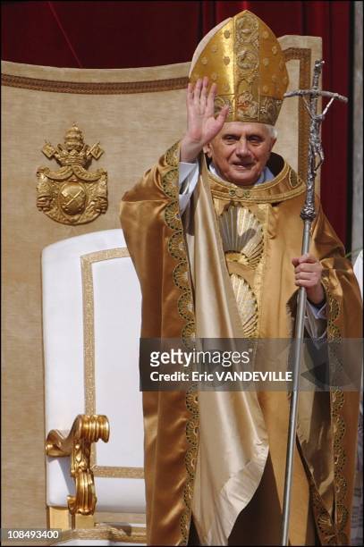 Pope Benedict XVI is formally installed as Pope in an open-air Mass in St Peter's Square in Rome, Italy on April 24, 2005.