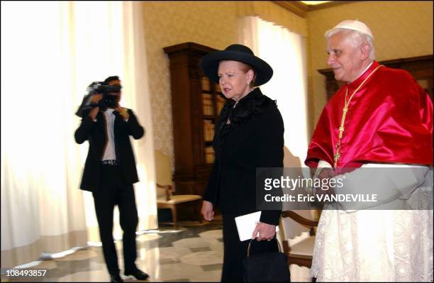 Pope Benedict XVI received Latvian President Vaira Vike-Freiberga in his private library at the Vatican in Rome, Italy on June 30th, 2005.