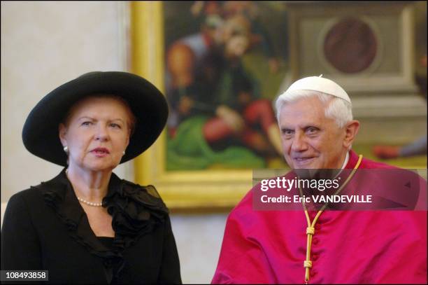 Pope Benedict XVI received Latvian President Vaira Vike-Freiberga in his private library at the Vatican in Rome, Italy on June 30th, 2005.