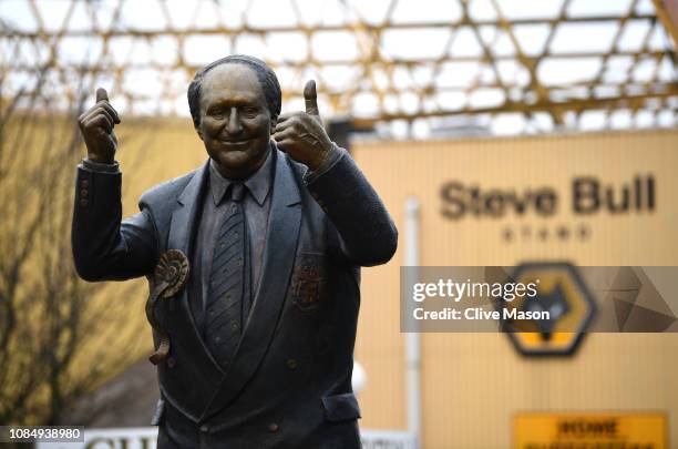 General view of the Sir Jack Arnold Hayward OBE statue outside the Steve Bull stand prior to the Premier League match between Wolverhampton Wanderers...