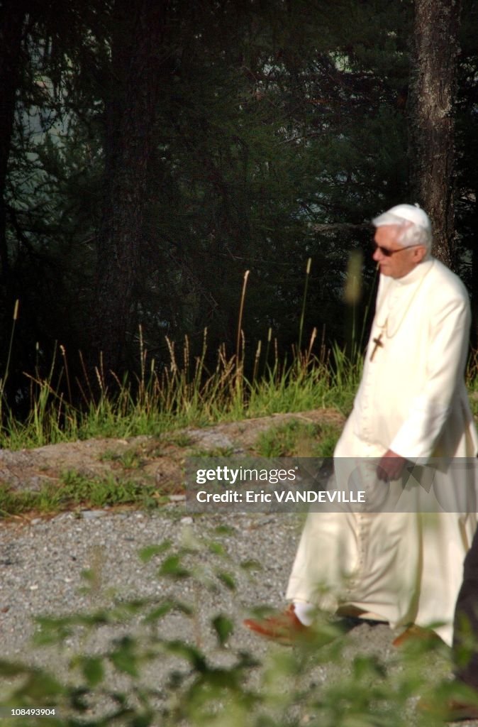 Pope Benedict XVI on summer holiday in the italian Alps went for a walk near his residence in Les Combes in Italy on July 26th, 2005.
