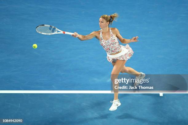 Camila Giorgi of Italy plays a forehand in her third round match against Karolina Pliskova of Czech Republic during day six of the 2019 Australian...