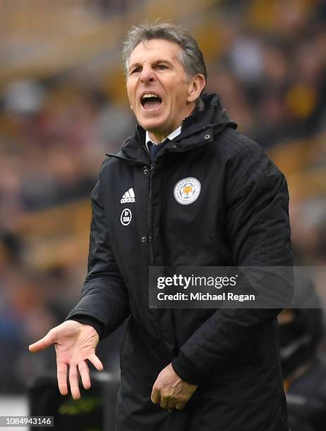 Claude Puel, Manager of Leicester City reacts during the Premier League match between Wolverhampton Wanderers and Leicester City at Molineux on...