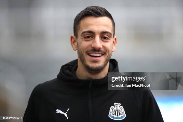 Joselu of Newcastle United arrives at the stadium prior to the Premier League match between Newcastle United and Cardiff City at St. James Park on...