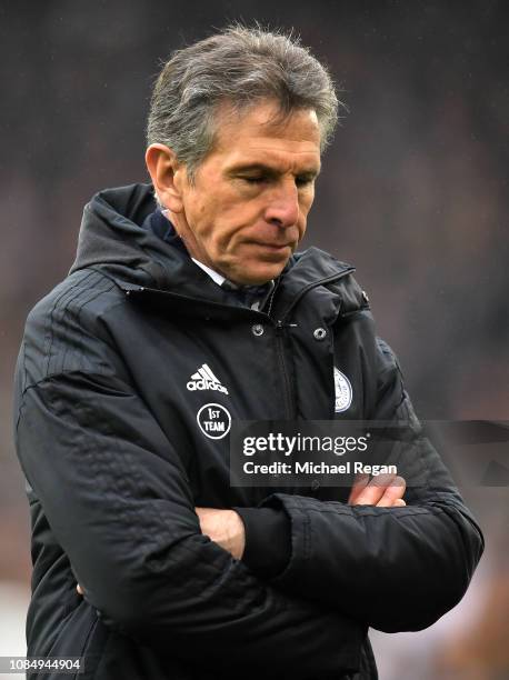 Claude Puel, Manager of Leicester City looks on during the Premier League match between Wolverhampton Wanderers and Leicester City at Molineux on...