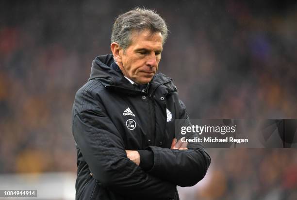 Claude Puel, Manager of Leicester City reacts during the Premier League match between Wolverhampton Wanderers and Leicester City at Molineux on...