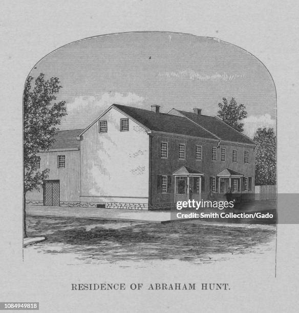 Engraving of the residence of Abraham Hunt in Massachusetts, Boston Tea Party member, an American politician from Hopewell Township, Pennsylvania,...