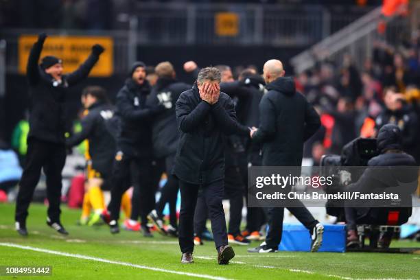 Leicester City manager Claude Puel reacts following Wolverhampton Wanderers's fourth goal during the Premier League match between Wolverhampton...