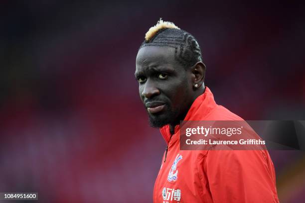Mamadou Sakho of Crystal Palace looks on prior to the Premier League match between Liverpool FC and Crystal Palace at Anfield on January 19, 2019 in...