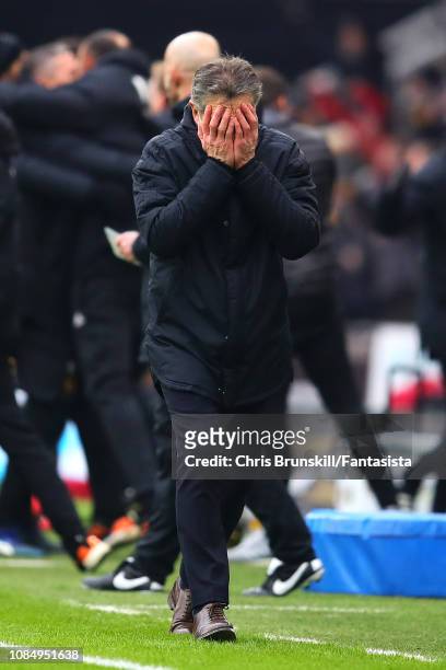 Leicester City manager Claude Puel reacts following Wolverhampton Wanderers's fourth goal during the Premier League match between Wolverhampton...