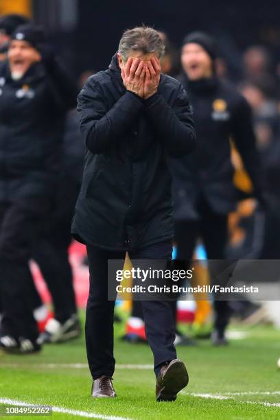 Leicester City manager Claude Puel reacts following Wolverhampton Wanderers's fourth goal during the Premier League match between Wolverhampton...