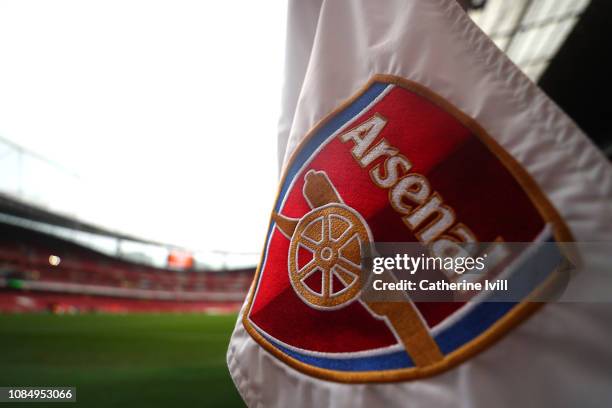 Detailed view of the corner flag prior to the Premier League match between Arsenal FC and Chelsea FC at Emirates Stadium on January 19, 2019 in...