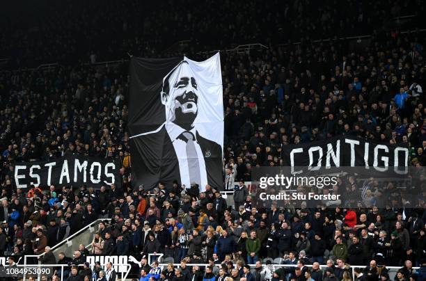 Newcastle United fans hold up a Rafael Benitez, Manager of Newcastle United banner prior to the Premier League match between Newcastle United and...