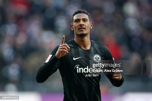 Sebastien Haller of Eintracht Frankfurt celebrates after scoring his sides first goal during the Bundesliga match between Eintracht Frankfurt and...