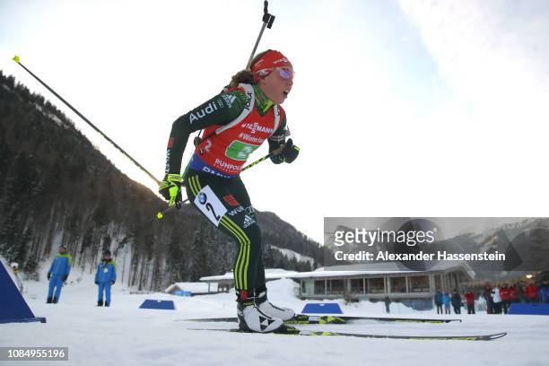 Laura Dahlmeier of Germany competes at the Women 4x6 km Relay during the IBU Biathlon World Cup at Chiemgau Arena on January 19, 2019 in Ruhpolding,...