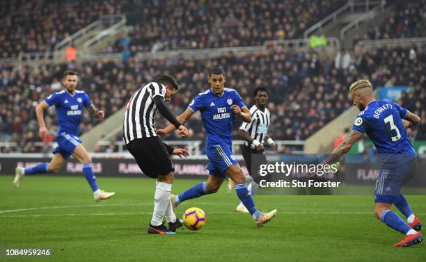 Newcastle player Fabian Schar shoots to score the first goal during the Premier League match between Newcastle United and Cardiff City at St. James...