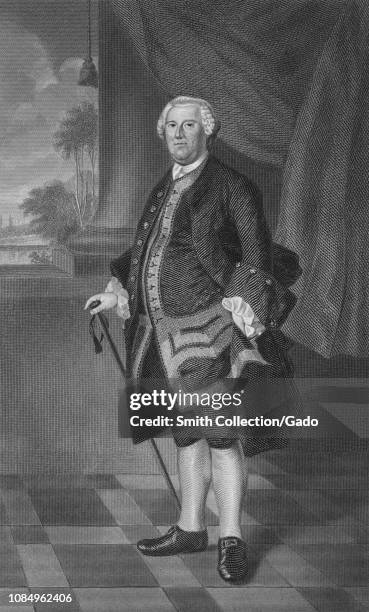 Engraved portrait of Benning Wentworth, governor of New Hampshire, an American statesman from Portsmouth, Province of New Hampshire, 1760. From the...