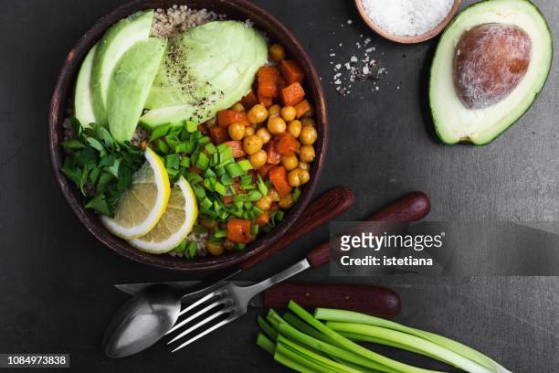 chickpea avocado quinoa bowl - chick pea salad stock pictures, royalty-free photos & images