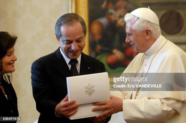 Pope Benedict XVI received at the Vatican Malta prime minister Lawrence Gonzi, Prime Minister of Malta, and his wife Kate in Rome, Vatican City on...