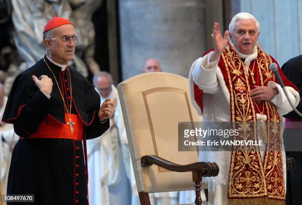 Cardinal Tarcisio Bertone before celebrating a mass at Saint Peter basilica Close-up: Cardinal Tarcisio Bertone, Vatican Secretary of State since...