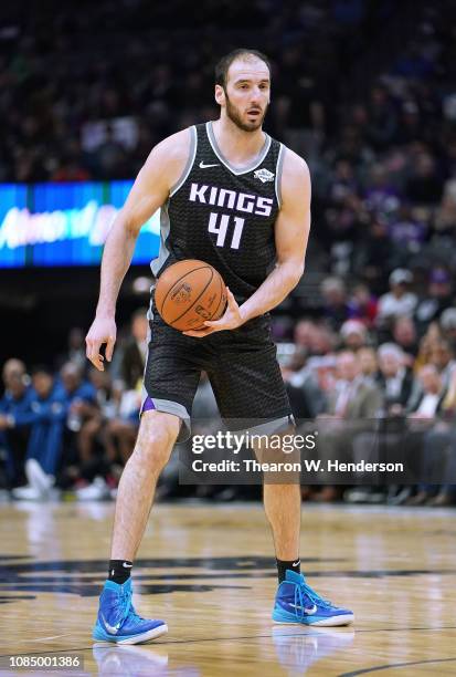 Kosta Koufos of the Sacramento Kings looks to pass the ball against the Minnesota Timberwolves during an NBA basketball game at Golden 1 Center on...