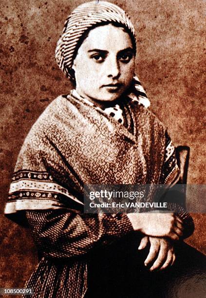 Bernadette Soubirous's portrait. Pope Benedict XVI celebrates a special mass for the sick in front of the Basilica of the Rosary whose waters are...