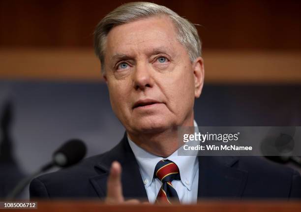 Sen. Lindsey Graham speaks during a press conference at the U.S. Capitol on December 20, 2018 in Washington, DC. Graham and Sen. Robert Menendez and...